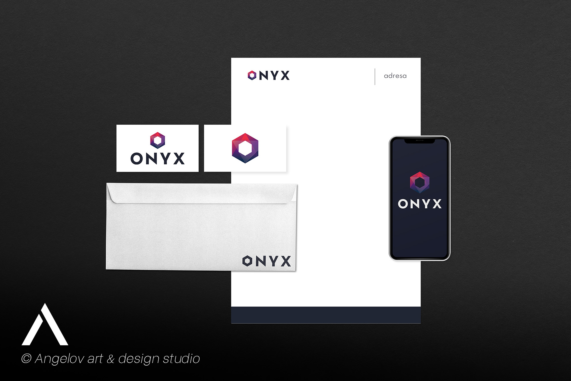 ONYX brand visual identity showcasing sleek and professional branding by Adam Angelov
